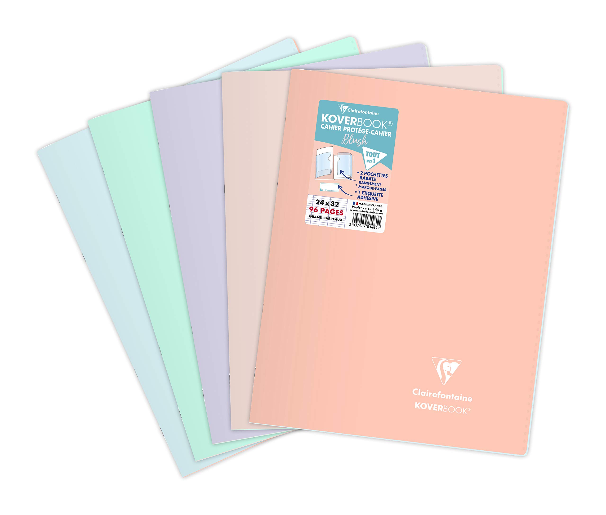 Clairefontaine 981481AMZC Set of 5 Stapled Notebooks Koverbook Blush - 24x32 cm - 96 Seyes Ruled Pages - White Paper 90 g - Opaque Polypro Cover Random Colours