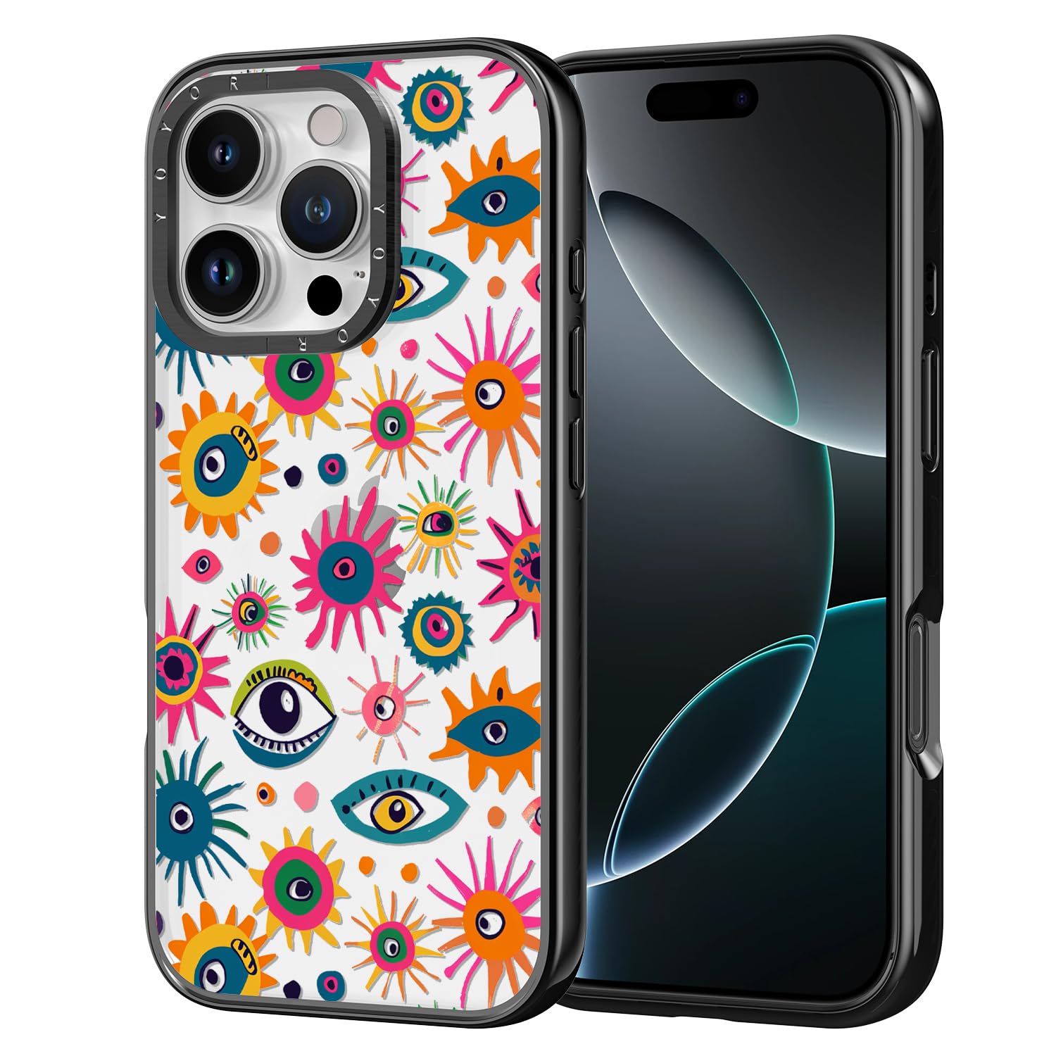 YOYORI for iPhone Case - [6.6 ft Military-Grade Drop Protection] [Anti-Peel Technology] Clear Black TPU Bumper Case with Cute Design (Graffiti Eyes, iPhone 16 Pro)