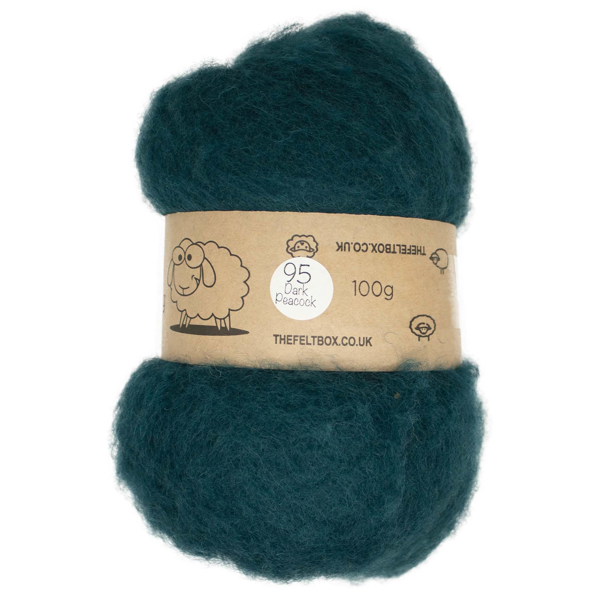 The Felt Box Needle Felting Wool Carded Batting : Short Coarser Mixed Together Fibres, Use as Core or Finish Wool 100 g | 3.5 oz- Dark Peacock #95