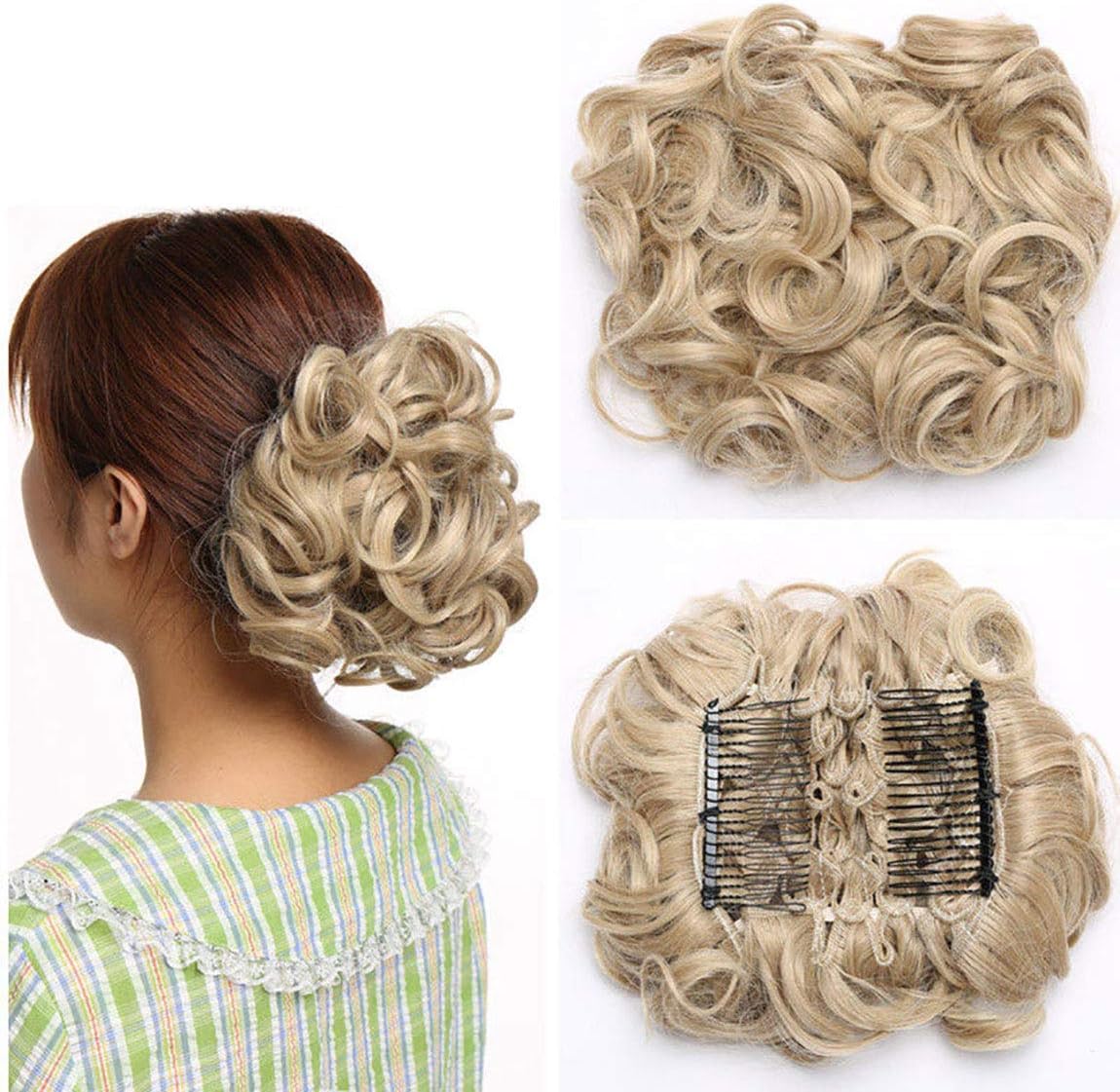 Short Combs Messy Curly Wavy Hair Extensions Bun Piece Up Do Drawstring Ponytail Clip in Comb Hair Extensions Chignon Sandy Blonde & Bleach Blonde - Image 3