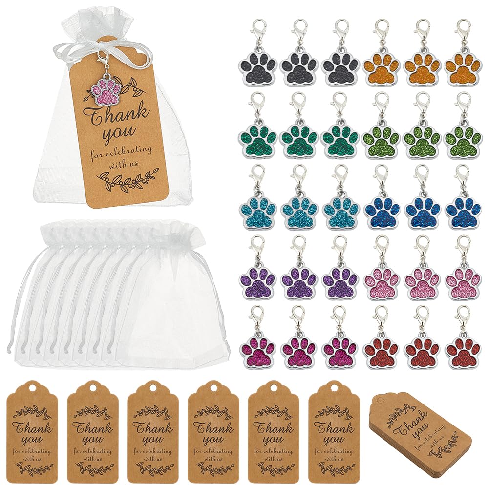 PH PandaHall 30 Sets Dog Paw Party Favor 10 Colors Paw Prints Keychain Organza Gift Bags Guest Return Favors with Thank You Tags for Pet Puppy Animal Birthday Party Present Souvenir Supplies