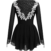 AFAVOM Women Figure Ice Skating Dress Long Sleeve Mesh Sequin Flower Ballet Dance Leotard Lyrical Costume for Competition