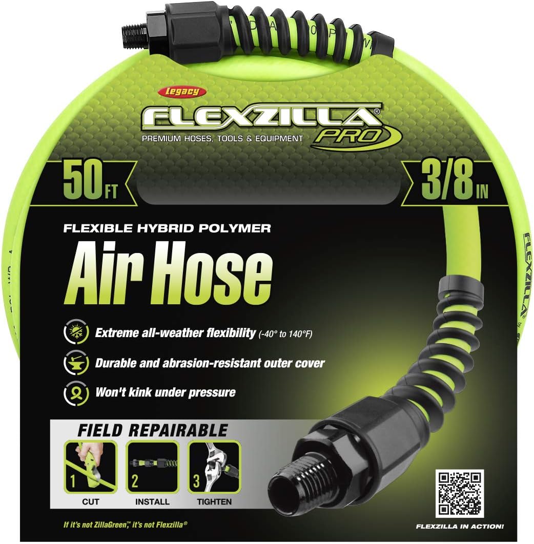 Flexzilla Pro Air Hose, 3/8 in. x 50 ft, Heavy Duty, Lightweight, Hybrid, ZillaGreen - HFZP3850YW2: Automotive