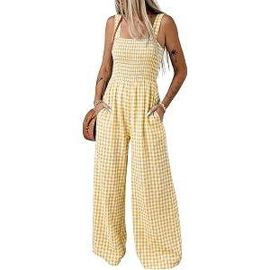 Dokotoo Women's Casual Loose Overalls Jumpsuits One Piece Sleeveless Smocked Gingham Striped Wide Leg Long Pant Rompers