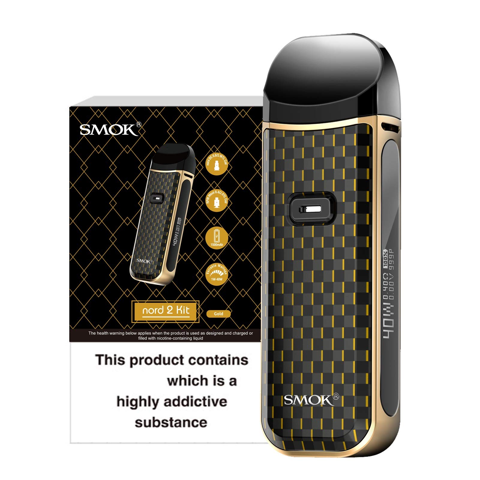 SMOK NORD 2 Vape Kit [Gold Black] - Rechargeable 1500mAh Battery, Design and Build Quality, Dual Pods Compatible (Nord & RPM Coils), MTL/DTL Vaping, OLED Screen, E Cigarette, No Nicotine No Liquid