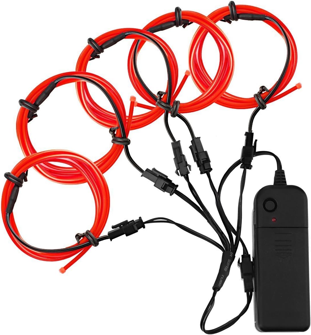 EFKS 5 X 1 Metres El Wire Red 4 Modes Battery Operated Neon Glowing Strobing Electroluminescent EL Wires Kits For Decoration Halloween Christmas Party (Red) [Energy Class A+]