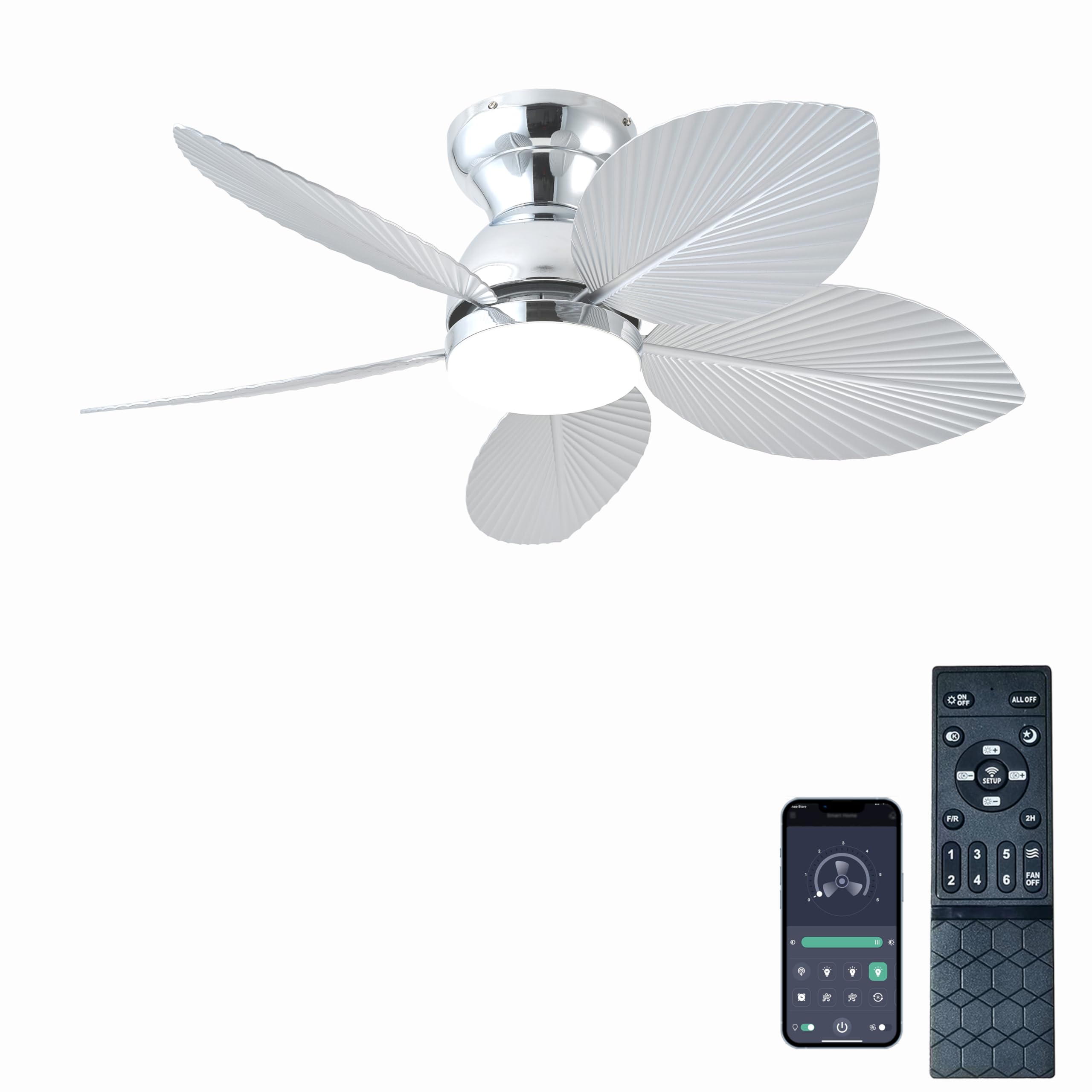 Photo 1 of GJeg Tropical Ceiling Fans with Light, 38-inch Flush Mount Palm Leaf Ceiling Fans for Bedrooms, Indoors and Outdoors, Remote Control/APP Control, 6-Speed, Dimmable, Reversible,Chrome