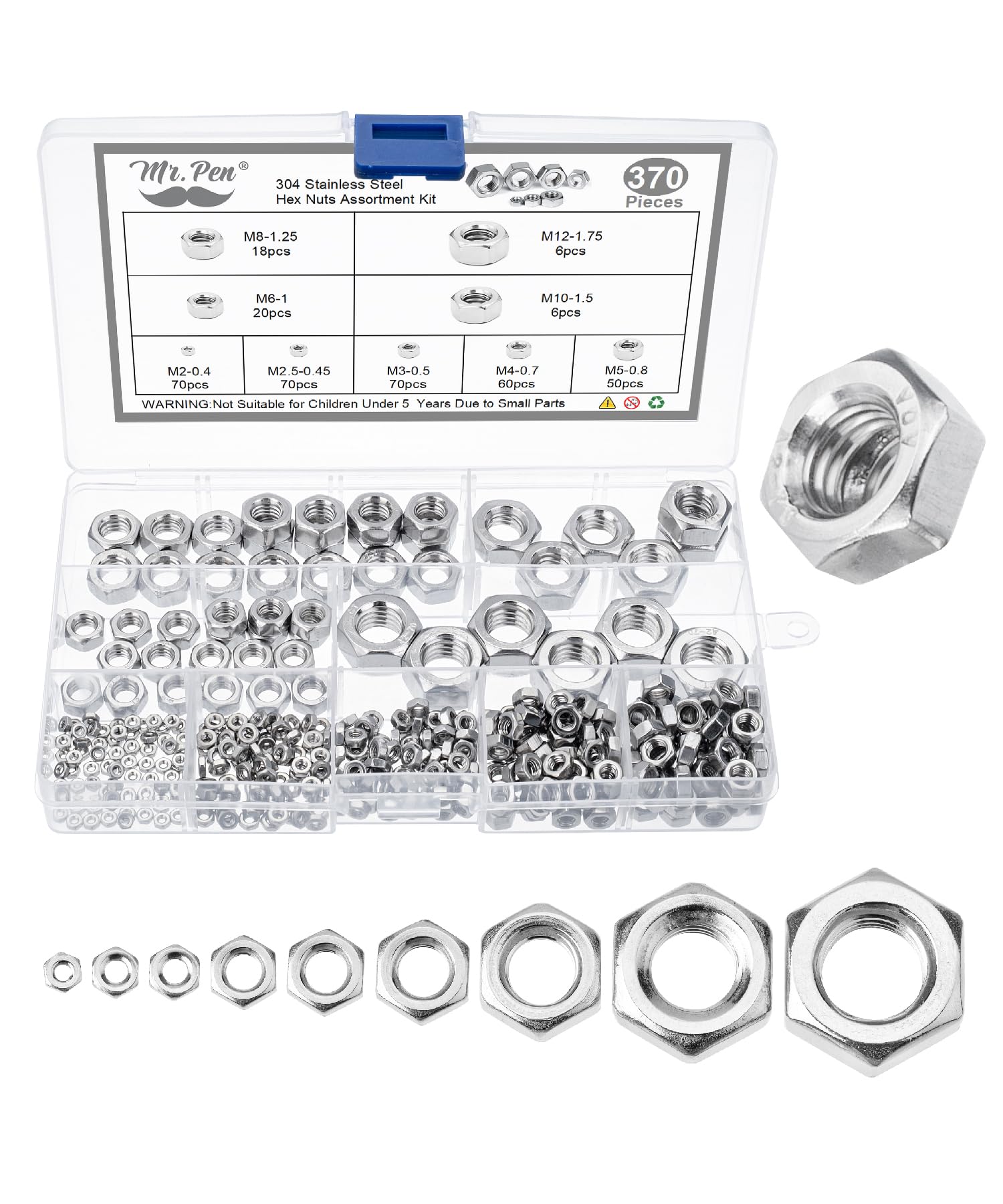 Photo 1 of Mr. Pen- Metric Hex Nuts Assortment Kit, 370 pcs, Stainless Steel, Metric Nut Assortment 9 Sizes (M2 M3 M4 M5 M6 M8 M10 M12), Hardware Nuts