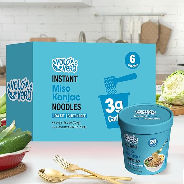 VOLO VERO KONJAC NOODLE INSTANT SOUP CUP MISO FLAVOR, 6 PACKS, GLUTEN FREE, LOW CARB, LOW CALORIE, LOW SUGAR, LOW GI, KETO SHIRATAKI NOODLES PASTA ANGEL HAIR, READY TO EAT, HEALTHY DIET FOOD, HOLIDAY GIFTS