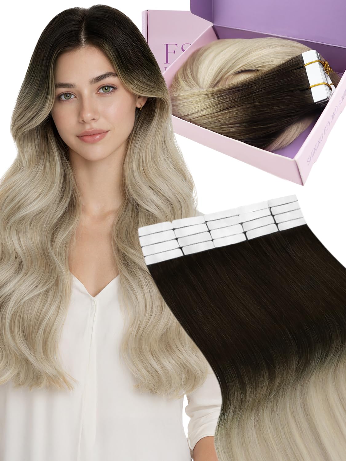 Fshine Tape in Extensions Human Hair,14 Inch 20 pcs 50 g,Straight Remy Human Hair Tape in Extensions,Dark Brown to Ash Blonde Mix Platinum Blonde,Perfectly for Natural Look — image 1