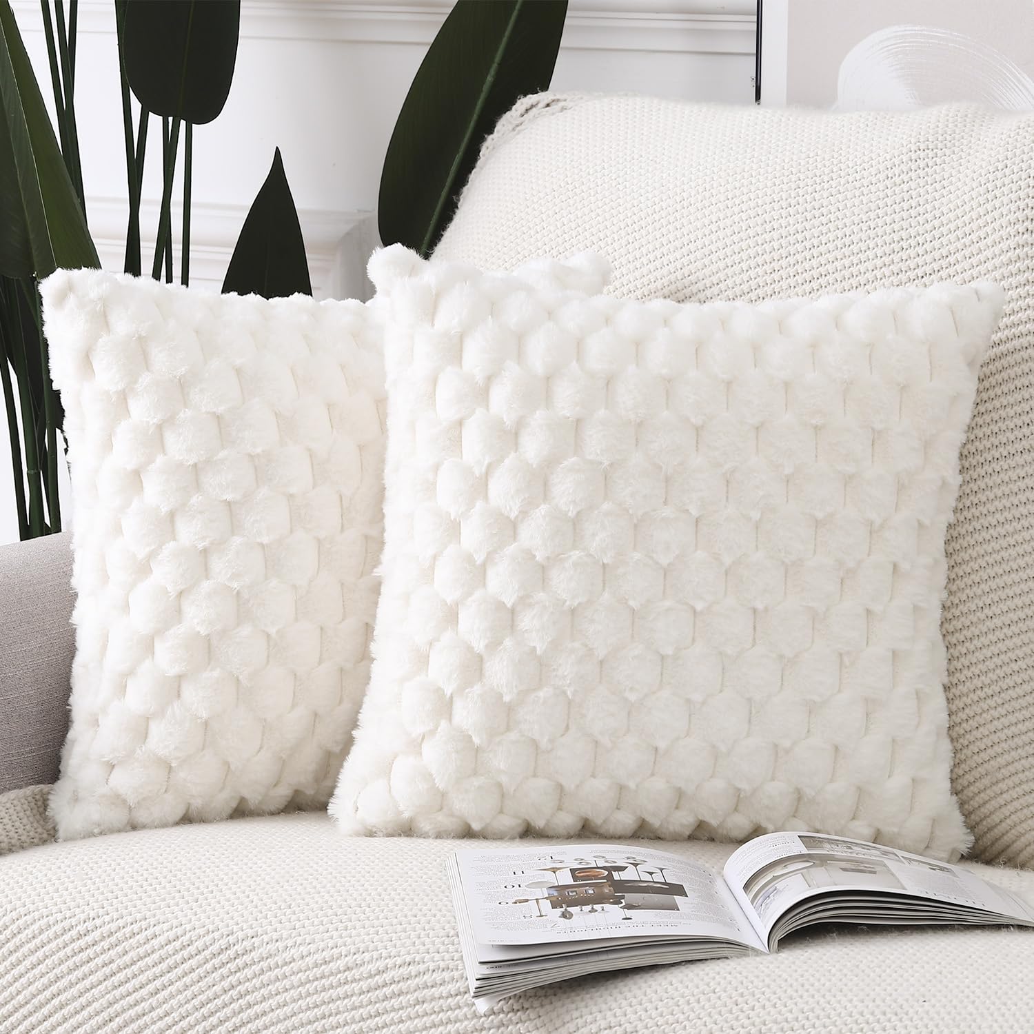 Madizz Faux Wool Cream White Cushion Covers 24x24 inch, 60x60 cm, Set of 2 Super Soft Boho Throw Pillow Covers Decorative Textured Pillowcases for Sofa Bedroom — image 1