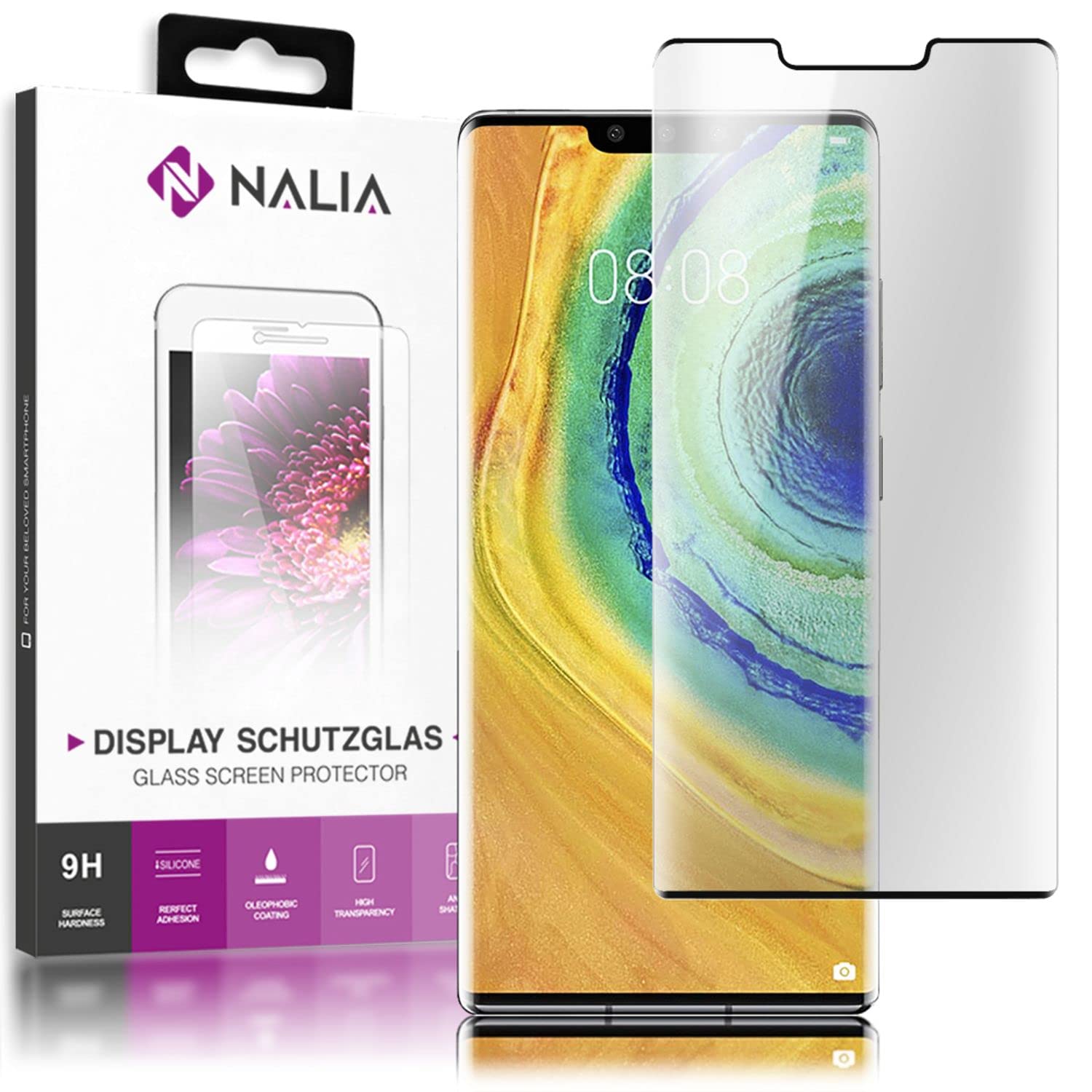 NALIA Screen Protector compatible with Huawei Mate30 Pro Glass, 9H Full-Cover Tempered Protective Curved Display Film, Saver Smart-Phone LCD Protection Shatter-Proof Coverage Foil - Transparent Black