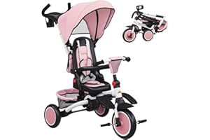 Qaba Toddler Tricycle, 6 in 1 Foldable Kids Trike with Adjustable Push Handle, Removable Canopy, Rotatable Seat, Safety Harne