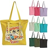 10 Pack Canvas Tote Bag with Zipper, OLSUNOR Reusable Grocery Bags with Long Handle, DIY Heat Transfer Sublimation Blanks Shopping Bag for Advertising, Birthday, New Year, Valentine's Day (Full Color)