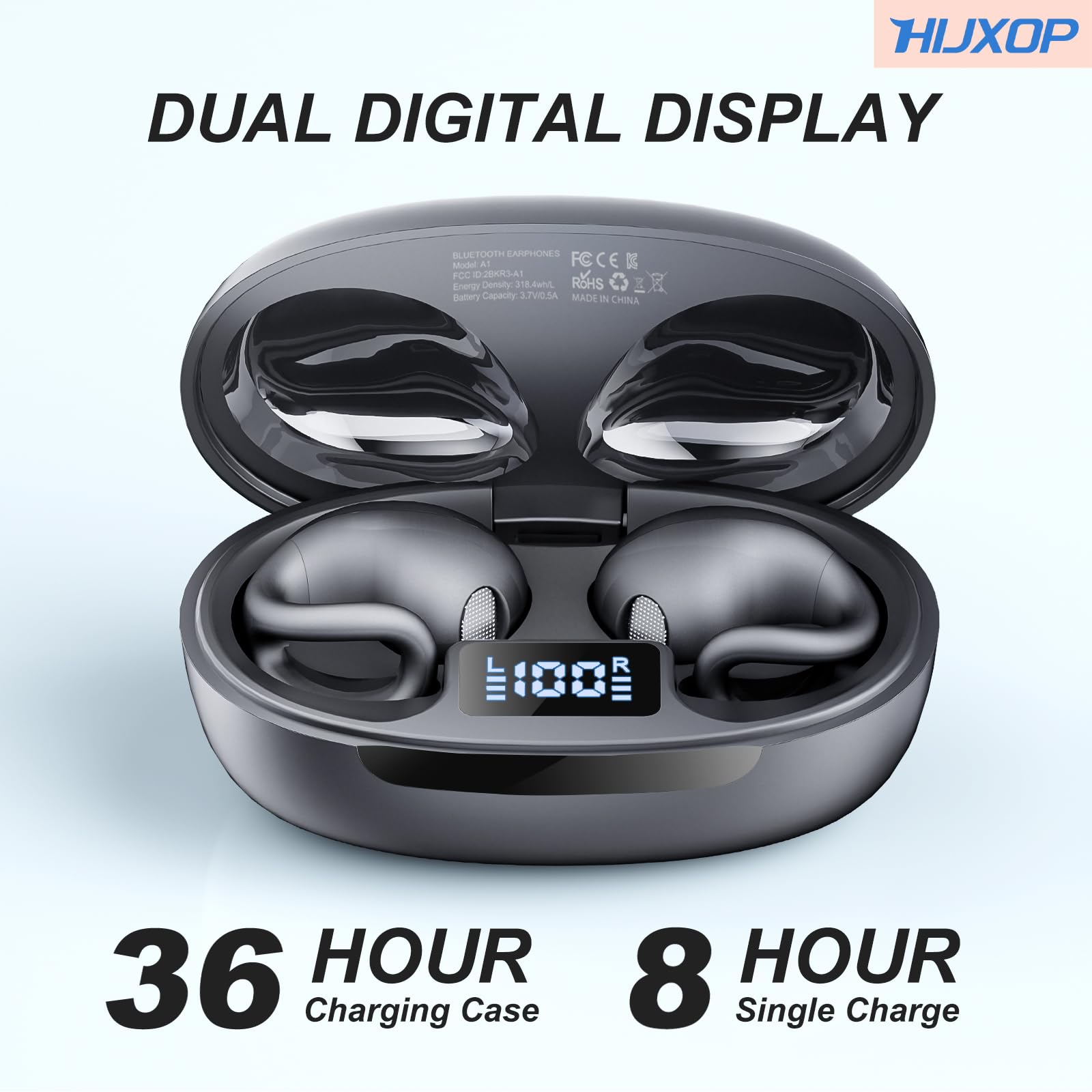 Open Ear Earbuds Lightweight Comfort Clip Wireless Earbuds Sweat Resistant Bluetooth Headphones Lightweight Sport Headphones for Workouts and Running with Dual Digital Display 44H Playtime IPX7