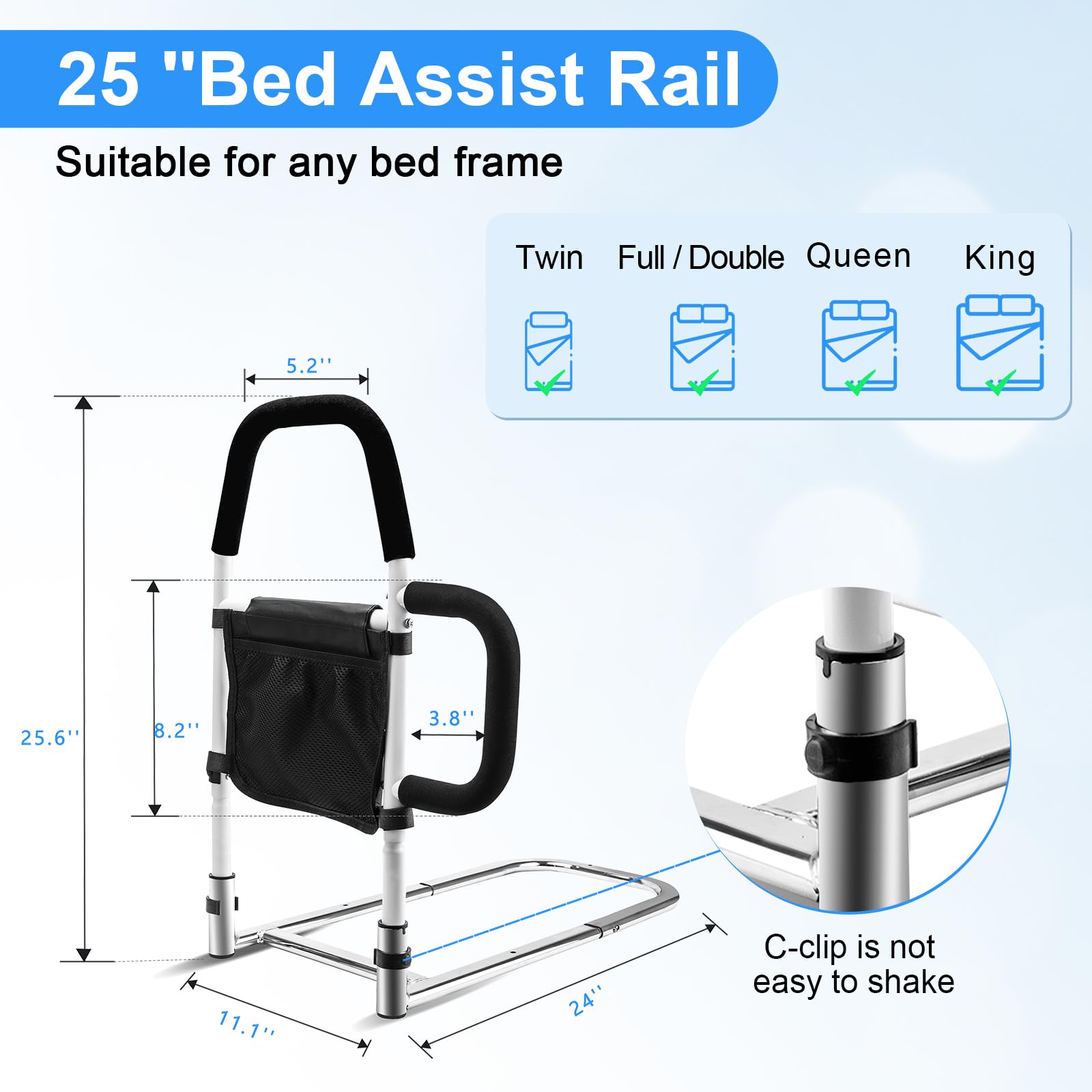 Bed Rails for Elderly Adults Safety-Bed Assist Rail with Double Grab Bars & Fall Prevention Guard & Storage Pocket Fits King, Queen, Full, Twin, Support Up to 300lbs,Height 25.6'' (Double Grab Bars)