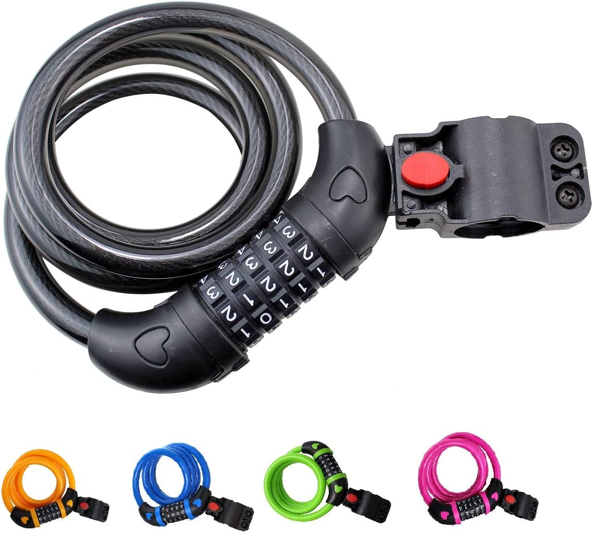 Tengfeng Bike Lock Cable, 4-Feet Bike Cable Basic Self Coiling Resettable Combination Cable Bike Locks with Complimentary Mounting Bracket, 4 Feet x 1/2 Inch(1200mm x 12mm