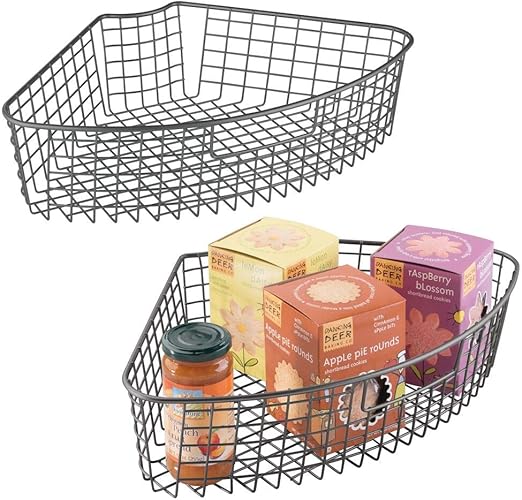 Amazon Com Mdesign Farmhouse Metal Kitchen Cabinet Lazy Susan Storage Organizer Basket With Front Handle Medium Pie Shaped 1 4 Wedge Container 2 Pack Graphite Gray Kitchen Dining