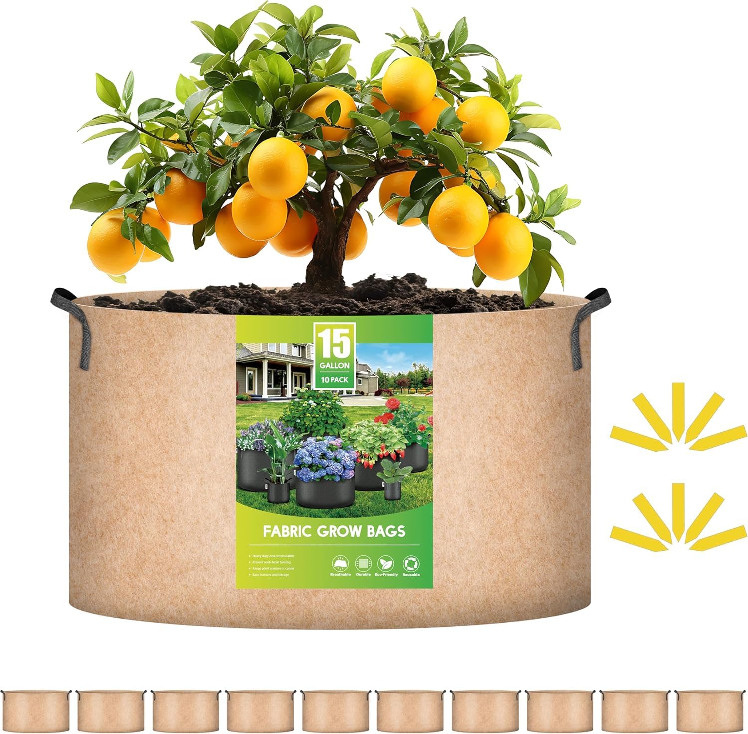 iPower 15 Gallon 10 Pack Grow Bags Nonwoven Fabric Pots Aeration Container with Strap Handles for Garden and Planting, 10-Pack Tan, 15 Gallon Image iPower 15 Gallon 10 Pack Grow Bags Nonwoven Fabric Pots Aeration Container with Strap Handles for Garden and Planting, 10-Pack Tan, 15 Gallon Image