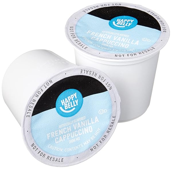 HAPPY BELLY CAPPUCCINO COFFEE PODS LIGHT ROAST COMPATIBLE WITH 2.0 K-CUP BREWERS, FRENCH VANILLA FLAVORED, 24 COUNT, 12.7 OUNCE