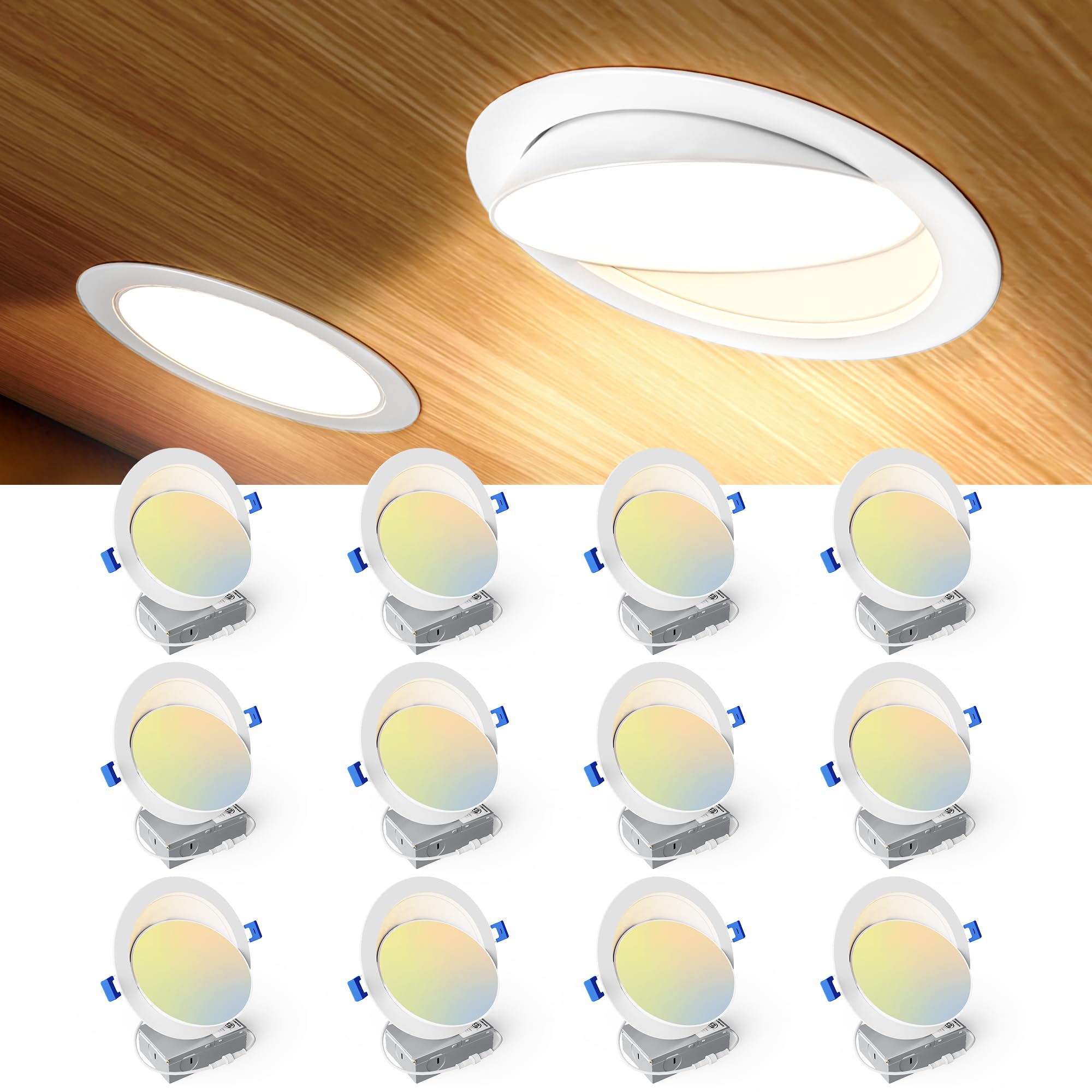 Photo 1 of Ensenior 12 Pack 6 inch 5CCT LED Eyeball Recessed Lighting, 360°+90° Rotatable, Dimmable Gimbal Recessed Lights, CRI90+, Canless Angled Adjustable Ceiling Downlight, 1300LM, 13W=115W, 120V - ETL&FCC