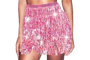 REETAN Boho Belly Skirt Sequins Belly Hip Scarf Tassel Fringe Wrap Skirt Rave Party Dance Performance Costume for Women
