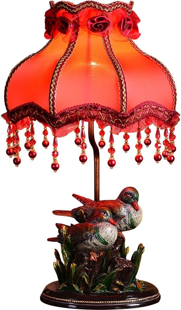 SHAOHUAYING European Luxury Resin Table Lamp, Bedside Bedroom, Creative Animal Mandarin Duck Shape, Warm, Red Lampshade