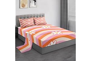 Pamnest Twin Size Bed Sheet Sets, Hippie Aesthetic Daisy Retro Soft Microfiber 3 Pcs Bedding Sets for Kids and Adults Bedroom Bed Decor, Orange Pink Kids Flat, Fitted Sheet and Pillowcases