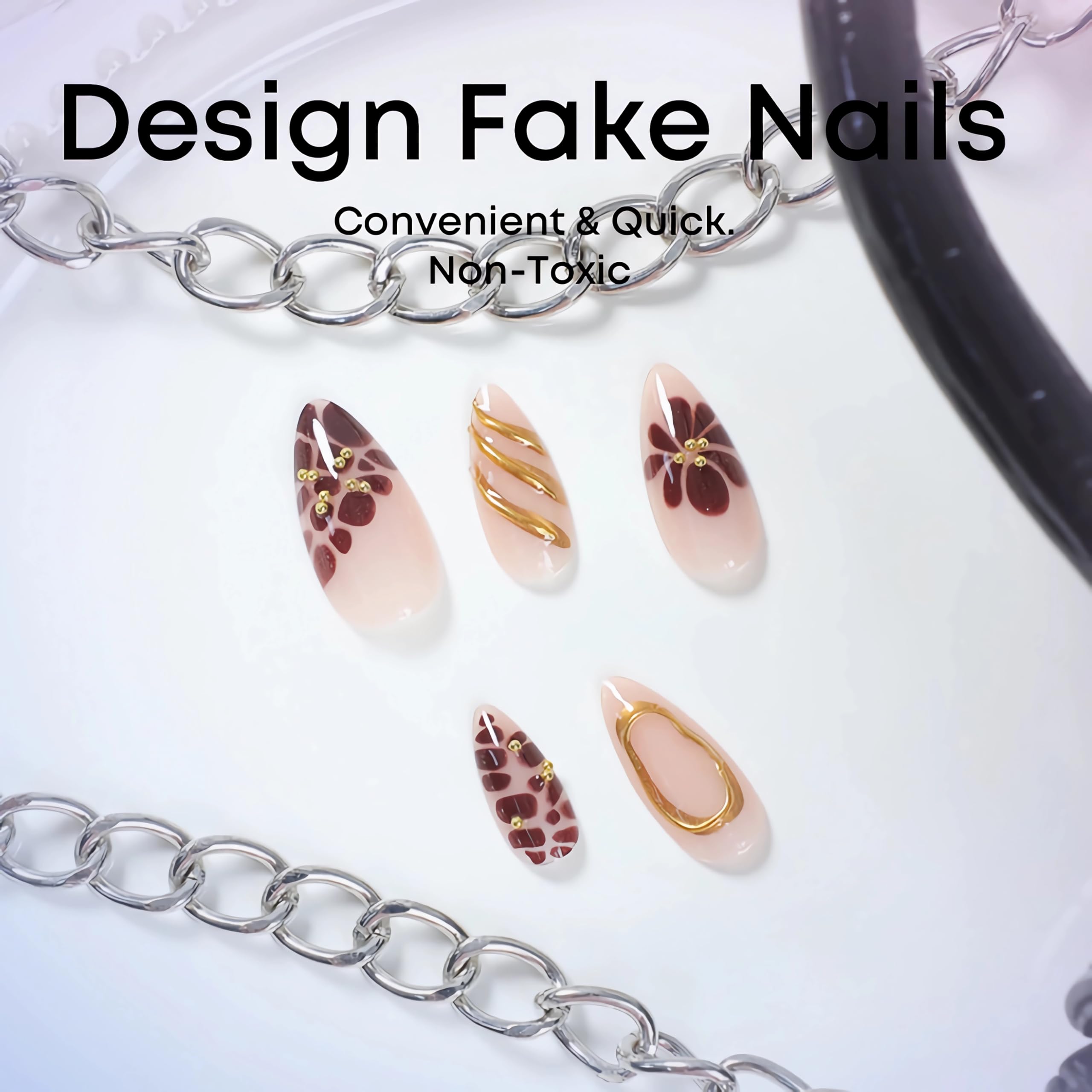 BABALAL Press on Nails Medium Almond Fake Nails Brown Glue on Nails Fall Flower 3D Gold Texture Design Acrylic Nails 24Pcs Handmade Stiletto Stick on False Nails - Image 4