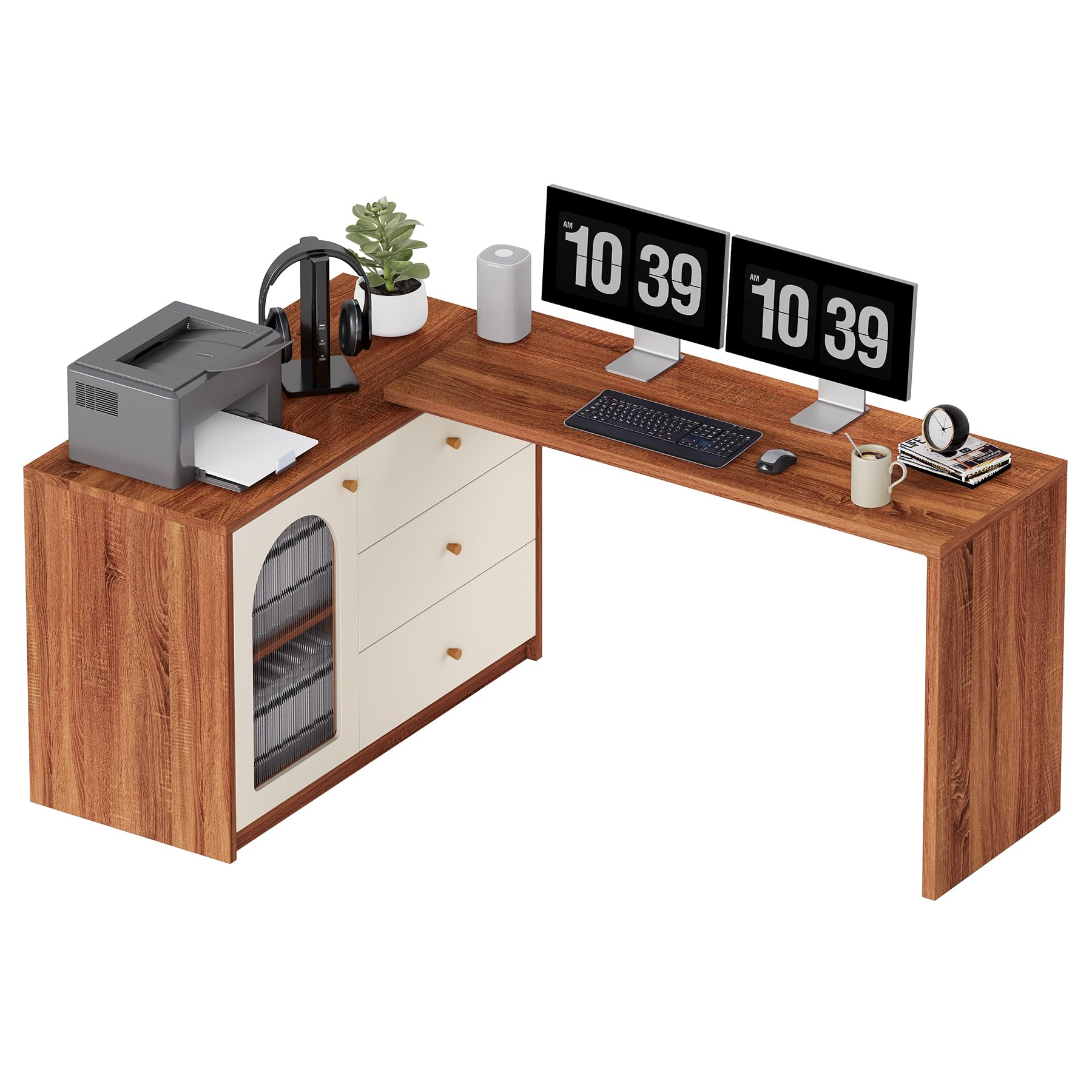 Photo 1 of Little Tree L-Shape Computer Desk, Corner Desk Writing Desk Study Desk with File Cabinet, Extendable PC Study Desk Corner Table, Home Office Corner Desk, Easy to Assemble, Brown