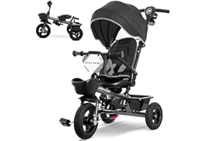 RIDYEE 7-in-1 Tricycle for 18 Months to 5 Years, All-Terrain Rubber Tires, Dual Wheel Brakes, Rotatable Seat for Toddlers 1.5-3, Tricycle for 3-5 Years with DIY Stickers, Grey