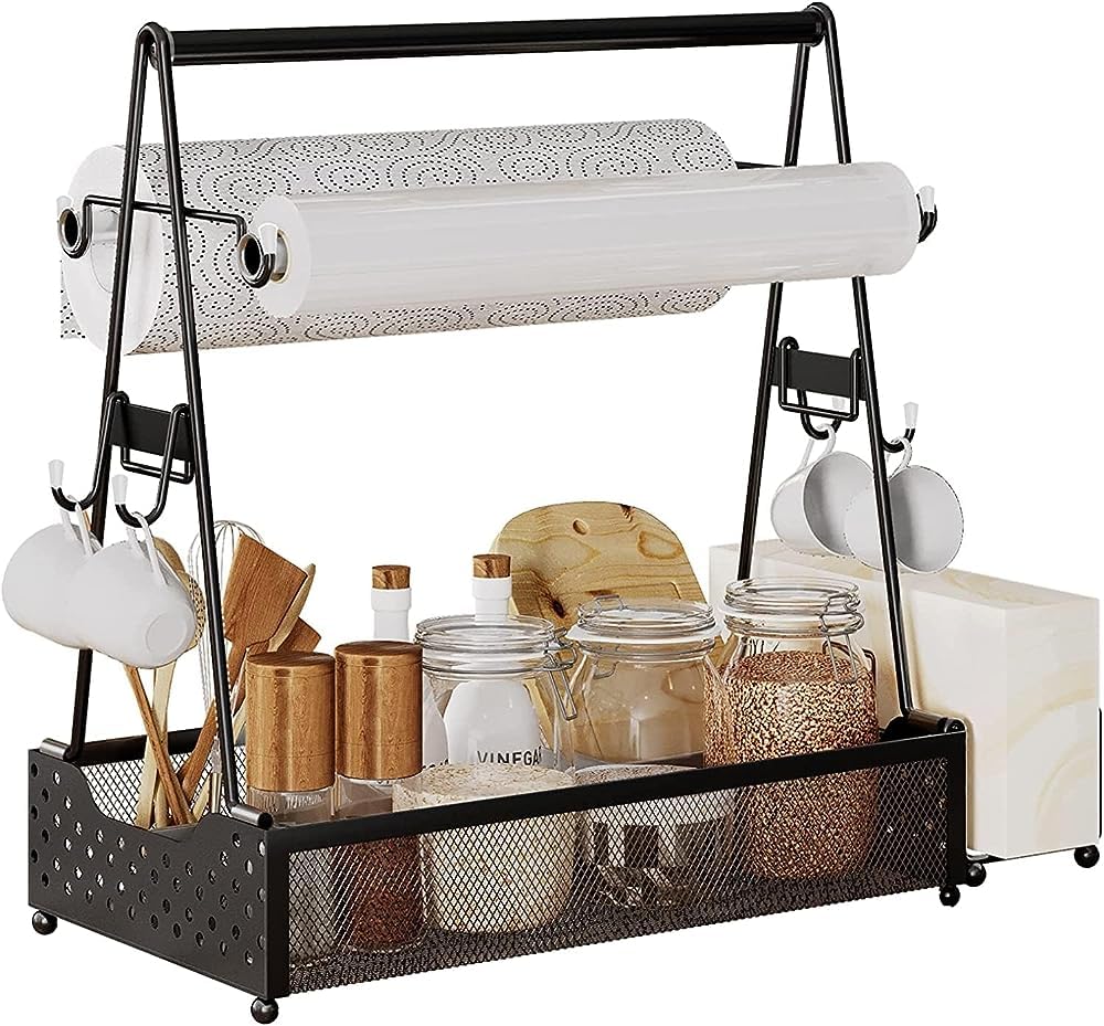 Picnic Grill Caddy, Picnic Condiment Storage Caddy with Paper Towel Holder, Outdoor Kitchen Barbecue Accessories, BBQ Camping Caddy for Plate and Utensil (Black)