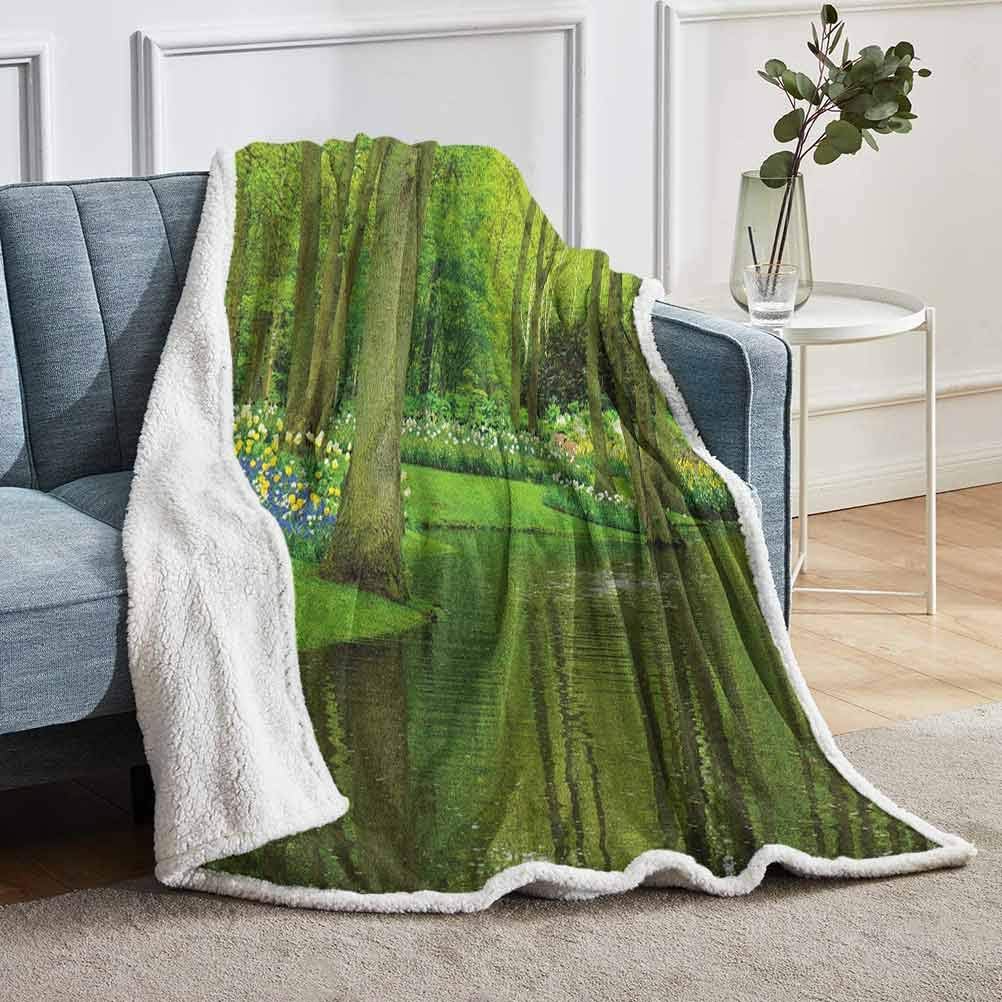 YUAZHOQI Nature Plush Throw Blankets, Forest with Lake Dutch Garden Pastoral Woodland Botany Flowerbed Picture, Fuzzy Blanket for Men 51" x 71", Fern and Lime Green