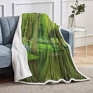 YUAZHOQI Nature Plush Throw Blankets, Forest with Lake Dutch Garden Pastoral Woodland Botany Flowerbed Picture, Fuzzy Blanket for Men 51" x 71", Fern and Lime Green