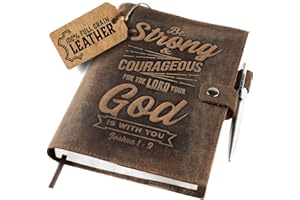moonster Refillable Leather Journal Joshua 1:9 Bible Verse Embossed Journals with Pen – Milled A5 Leather Journal Lined Paper - Line Notebooks for Men – Leather Notebook with Pen Holder - 320 Pages