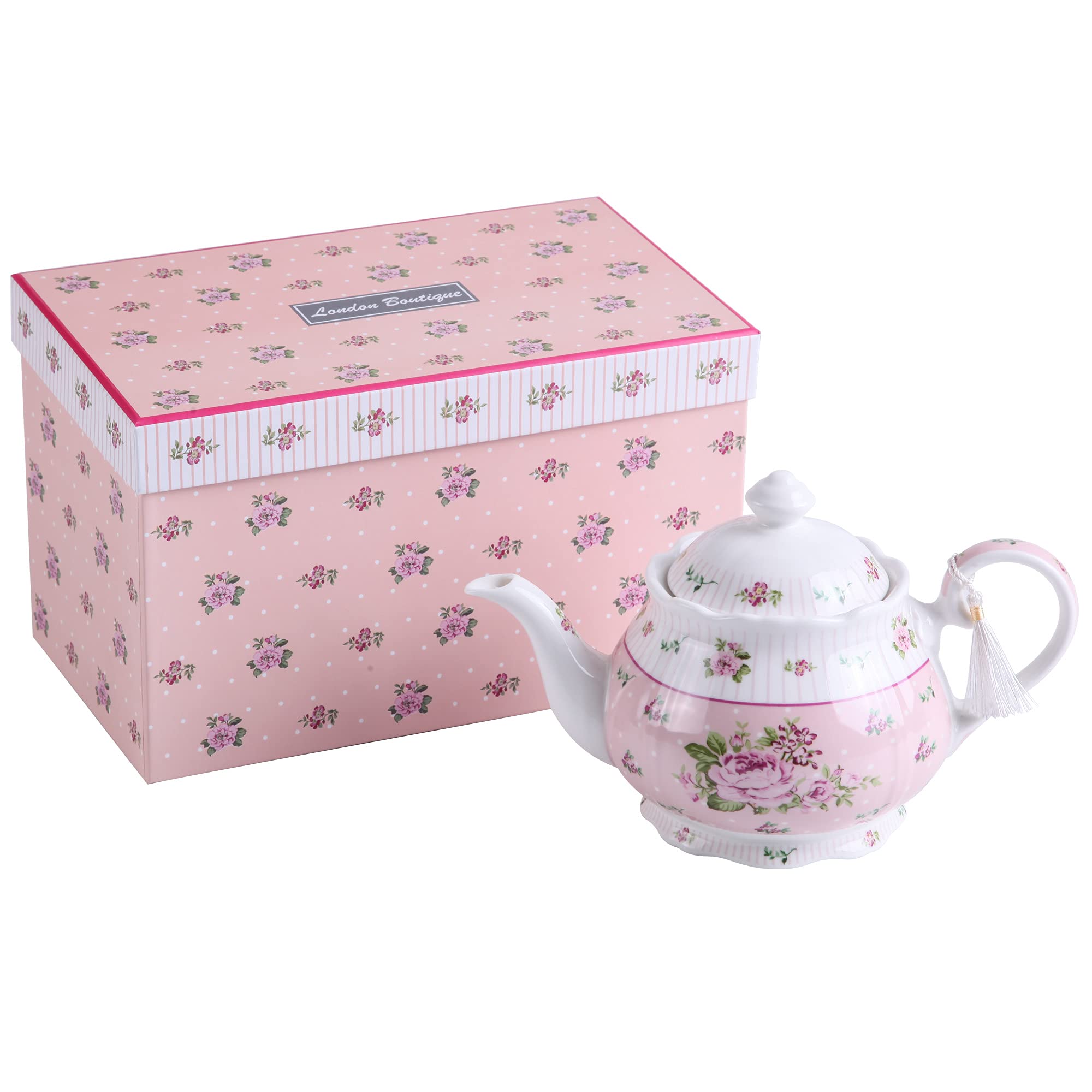 London Boutique Porcelain Teapot Sets Teapot Sugar Bowl and Cream Milk Jug Shabby Chic Vintage Floral in Gift box (Teapot Rose Pink)