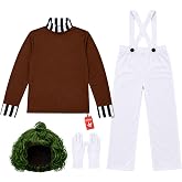 fun shack, Chocolate Factory Costume Men, Halloween Costume For Men | Dungarees, Shirt, Gloves &amp; Curly Green Wig Included, Perfect for Halloween, Candy Costume