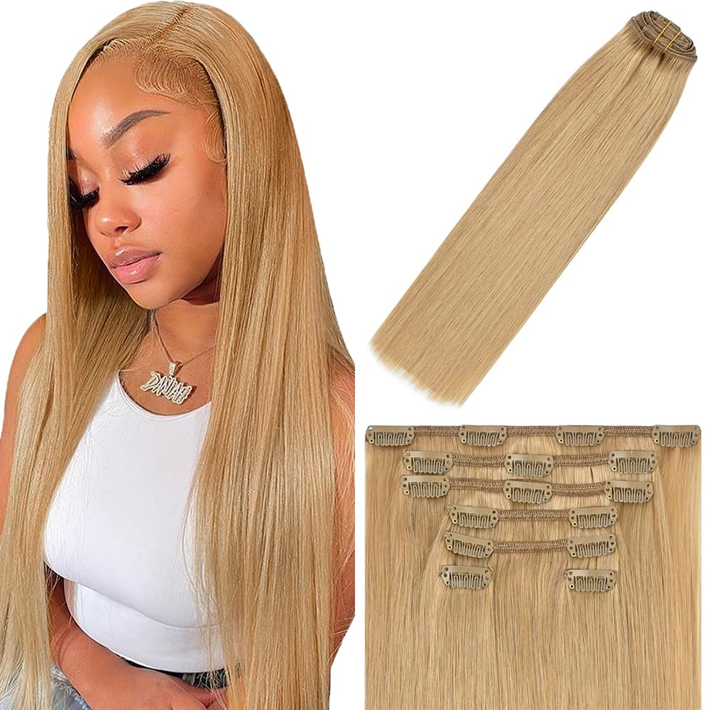 Photo 1 of #27 Blonde Clip in Hair Extensions - 18 Inch Real Remy Soft Blonde Human Hair, 120g 7pcs,Honey Blonde Human Hair Extensions Clip ins for Women