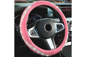 LANPU SURE New Diamond Leather Steering Wheel Cover with Bling Crystal Rhinestone, Delicate and Anti-Slip Sparkly ，Adaptable to 14.5-15 inches Car Wheel Protector for Women Girl ，Pink & White Diamond