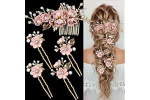 LAPOHI 5 Pieces Bridal Flower Wedding Hair Pins Crystal Pearl Hair Combs Clips Headpiece Gold Wedding Hair Accessories Jewelry with Rhinestone for Brides Bridesmaids Women Girls Updo (Cherry Blossoms Pink)