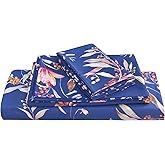 JSD Navy Floral Sheet Set King Size, 4 Piece Soft Printed Microfiber Sheets Extra Deep Pocket