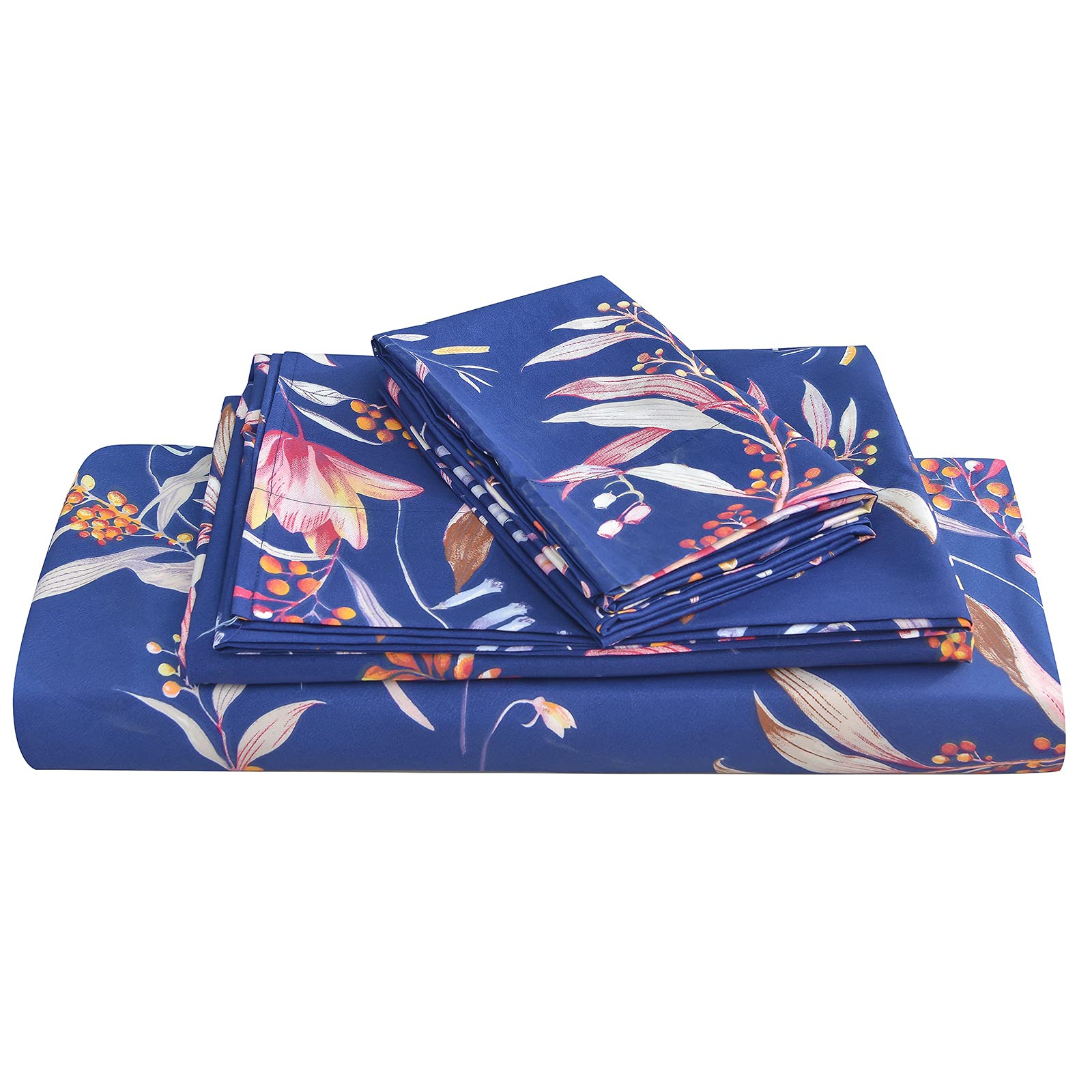 Photo 1 of JSD Navy Floral Sheet Set Cal King, 4 Piece Printed Microfiber Sheets Extra Deep Pocket Wrinkle Free