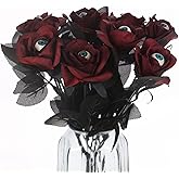 Tinsow 10 Pcs Artificial Bloody Roses with Eyeball Flower Bouquet Faux White and Red Roses Bundles 16" Fake Realistic Rosa for Flowers Arrangements Halloween Parties Home Decor (10, Maroon)