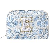 WHHJM Initial Dome Cosmetic Makeup Bag Small Cotton Quilted Makeup Pouch for Purse Cute Blue Floral Travel Toiletry Zipper Pouch (Blue Floral E)