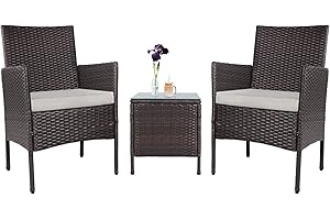 Incbruce 3 Piece Patio Chairs Outdoor Brown Wicker Chair Small Patio Furniture, Front Porch Furniture Patio Chairs Set of 2 with Glass Top Coffee Table Patio Bistro Set (Beige Thickened Cushion)