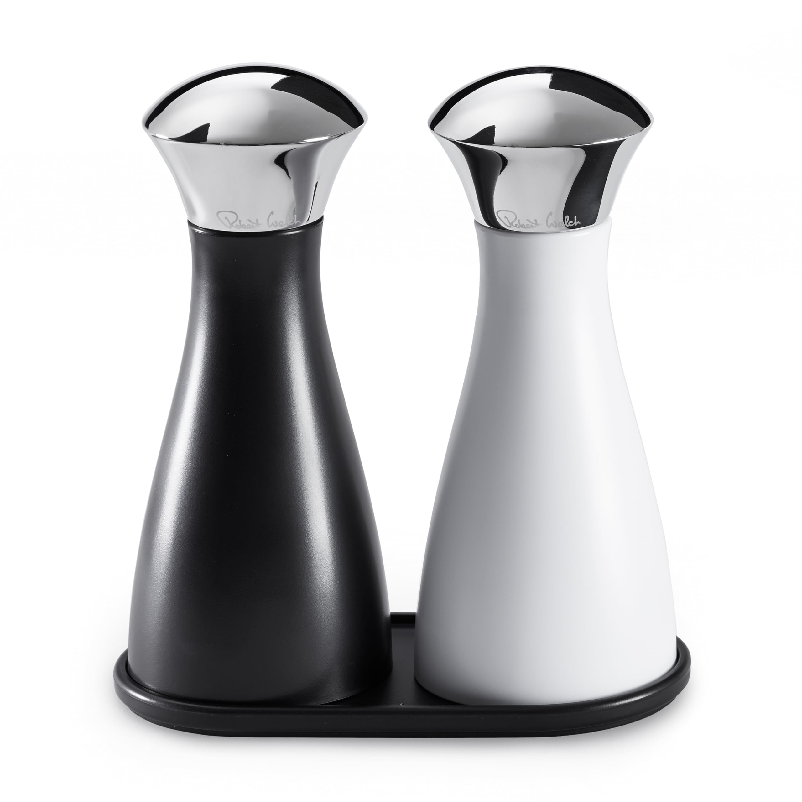 Robert Welch Signature Medium Salt & Pepper Mills Set with Tray. Made from Durable ABS with a Stainless Steel Top. 10 Year Guarantee.