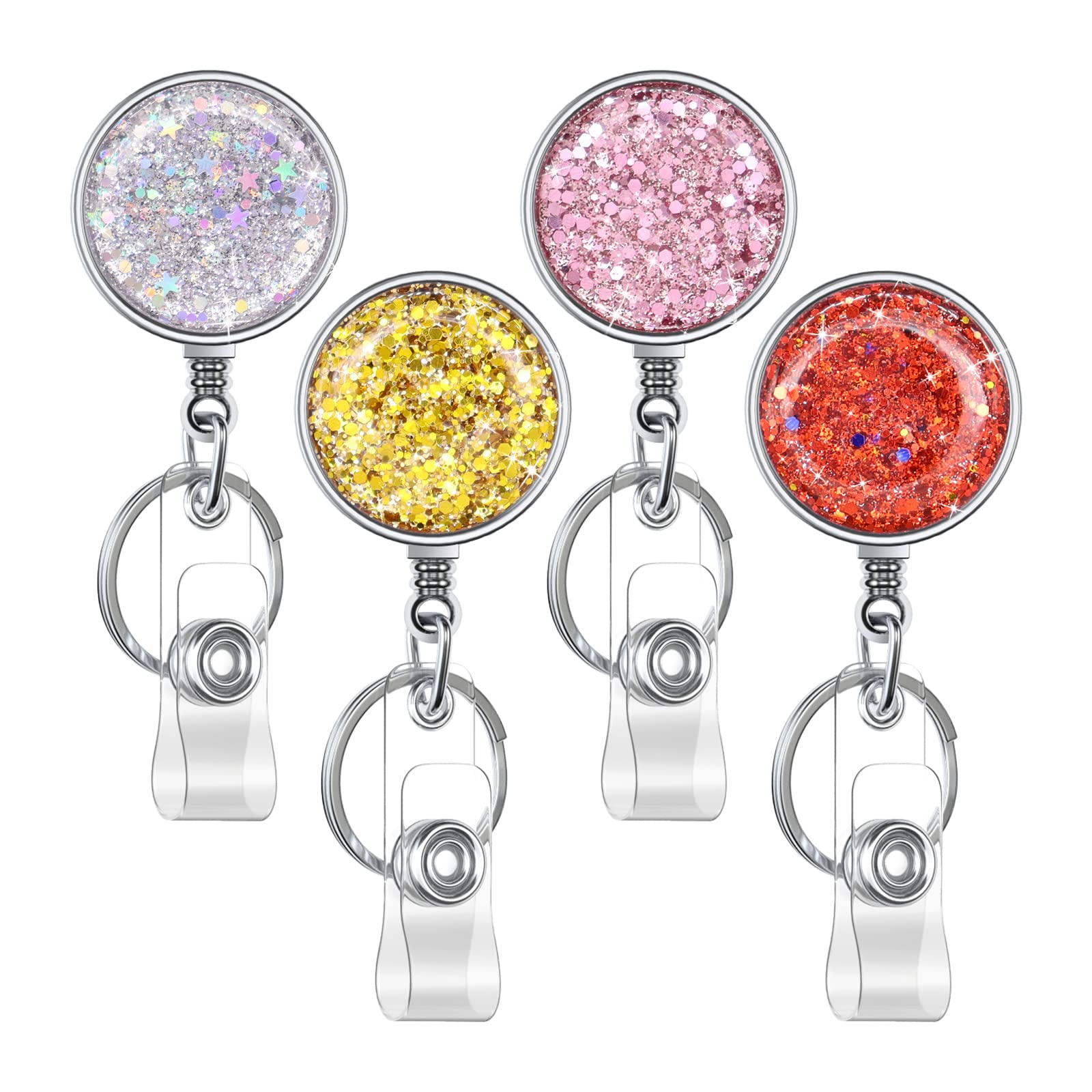 Retractable Badge Holder, Lightweight Plastic Badge Reel Retractable Card Holder with Key Ring Backing Belt Clip for Nurse,Volunteer,Teacher,Student,Office (Silver Pink Golden Red-UK)