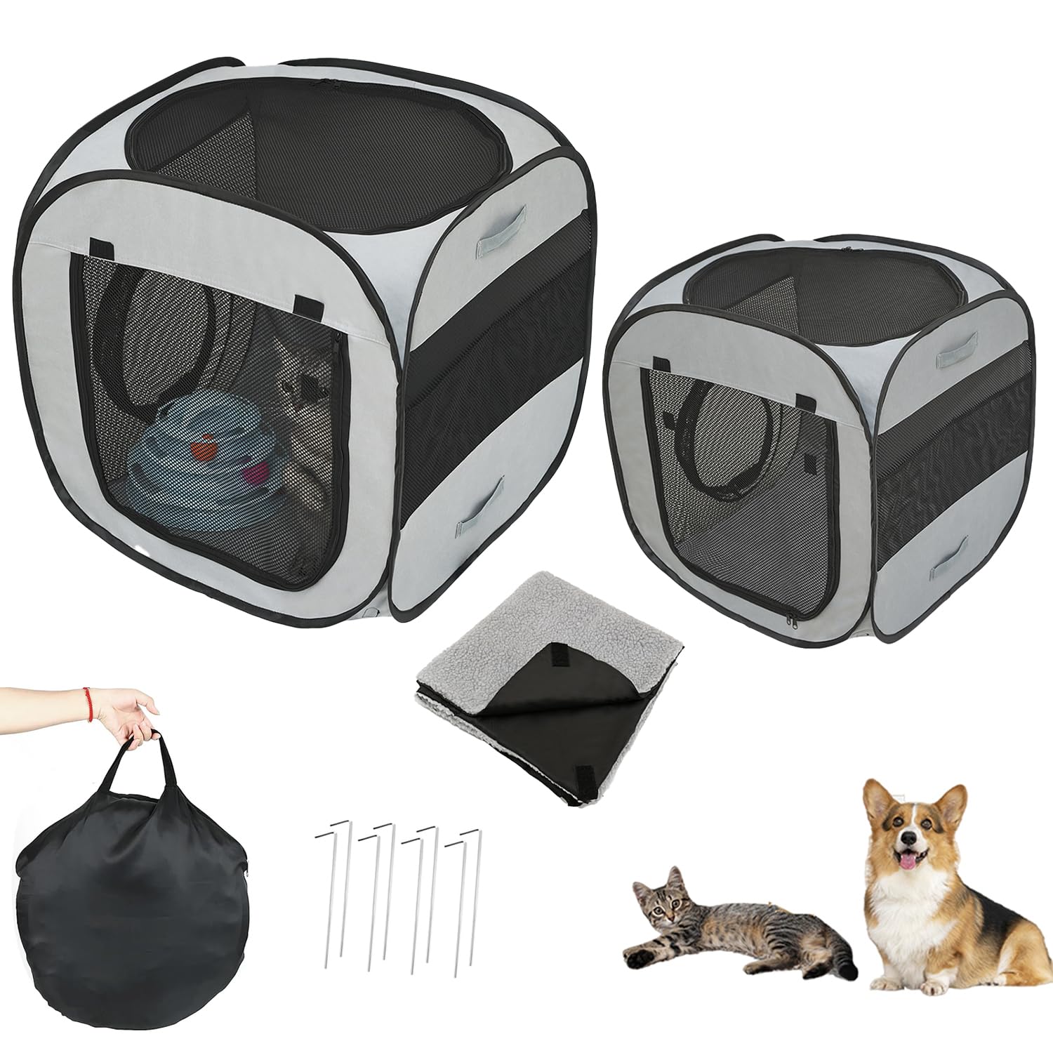 Photo 1 of 2-Pack Portable Cat Playpens with Flannel Mat, Folding Dog Cat Tents for Indoor & Outdoor Use, Securing Pegs, WaterProof Fabric Soft-sided Houses Cat Enclosures for Cats, Puppies, and Small Pets -Grey