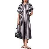 Burtell Women Casual Striped Button Down Pleated Shirt Maxi Dress Summer Lapel V Neck Short Sleeve Empire Waist Long Dress