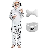 IKALI Kids Toddler Dalmatian Puppy Costume with Plush Bowl Bone, Halloween Dog Hooded Jumpsuit for Boys Girls 3-10 Years